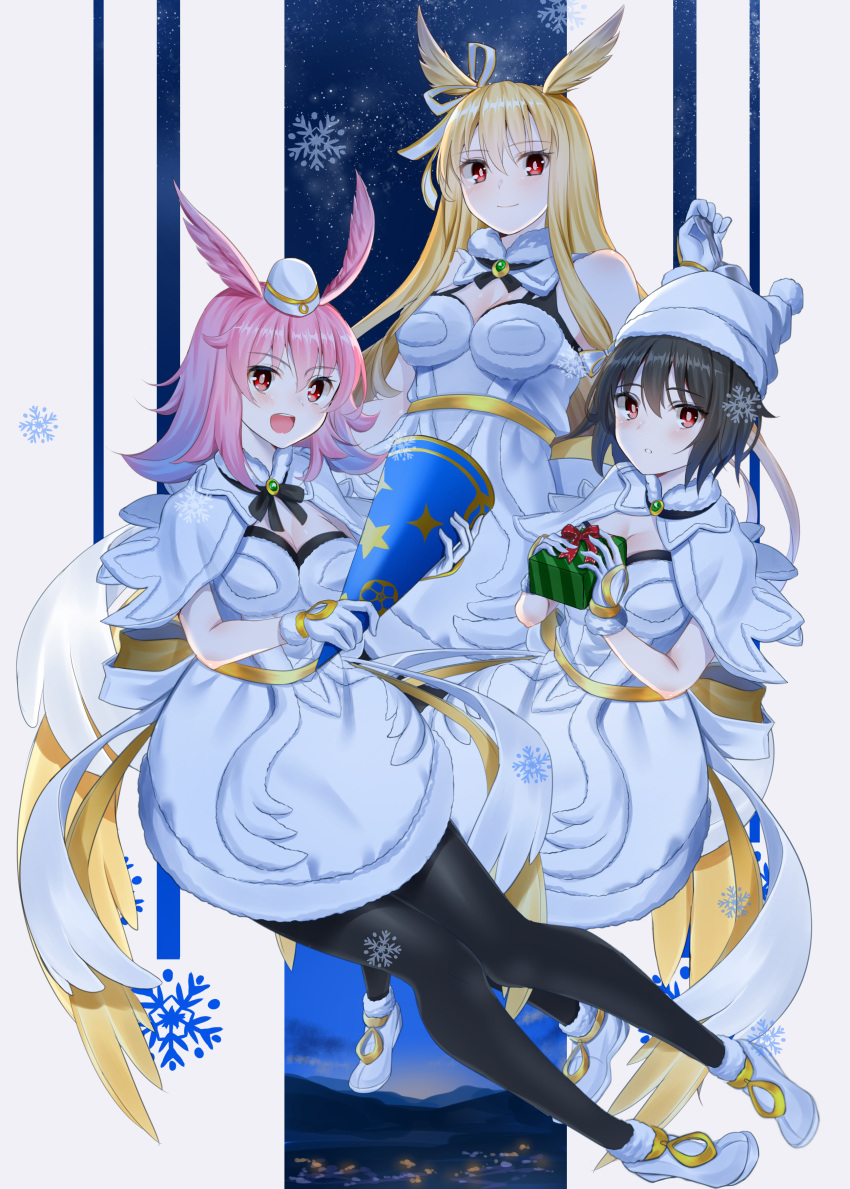 3girls :d absurdres bell black_hair blonde_hair breasts capelet cleavage commentary dress fate/grand_order fate_(series) floating full_body fur-trimmed_dress fur-trimmed_headwear fur_trim gift gloves hair_between_eyes hand_up hands_up hat head_wings highres hildr_(fate) hildr_(ring_the_bell)_(fate) holding holding_bell holding_gift holding_party_popper long_hair looking_at_viewer multiple_girls open_mouth ortlinde_(fate) ortlinde_(ring_the_bell)_(fate) parted_lips party_popper pink_hair red_eyes ribbon santa_hat short_hair smile snowflakes takenoko_27074918 thrud_(fate) thrud_(ring_the_bell)_(fate) valkyrie_(fate) white_capelet white_dress white_gloves white_hat white_ribbon wings