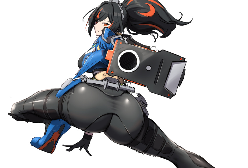 akm akms ass ass_focus assault_rifle black_gloves black_hair blue_jacket bodysuit bodysuit_under_clothes breasts checkered_necktie female firing_at_viewer from_behind gloves gun hair_between_eyes highres huge_ass jacket kalashnikov_rifle long_hair looking_at_viewer multicolored_hair necktie orange_eyes pants police police_uniform policewoman ponytail red_hair rifle shiroshisu solo streaked_hair uniform weapon zenless_zone_zero zhu_yuan