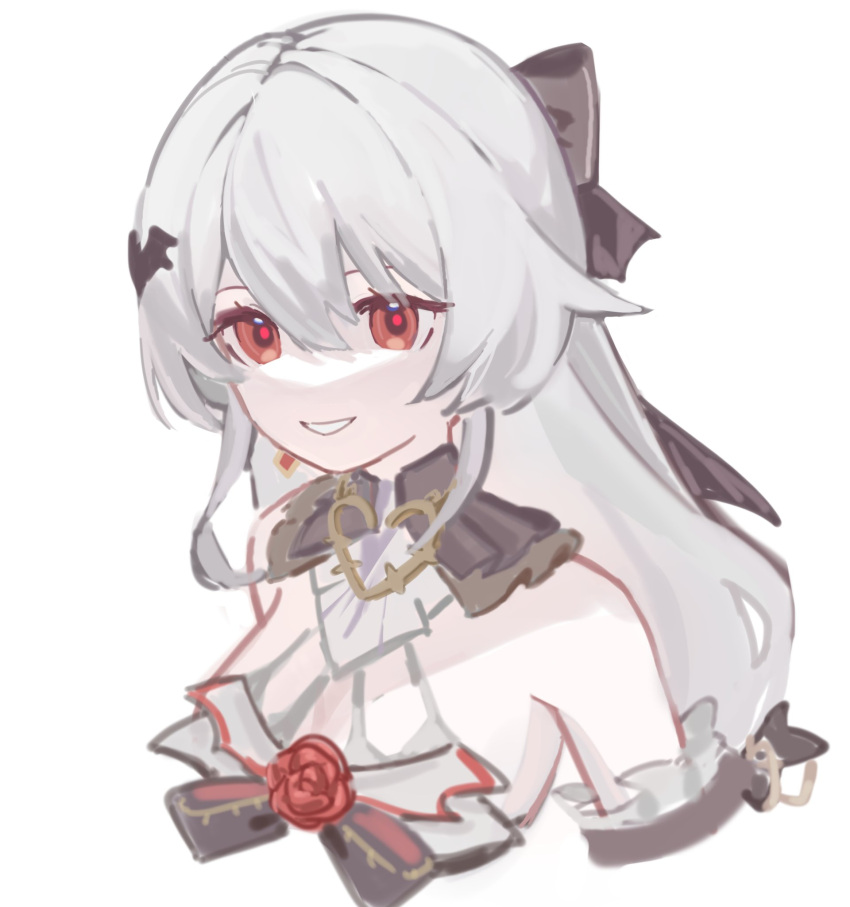 bare_shoulders black_bow bow breasts cropped_torso female flower grey_hair hair_between_eyes hairbow highres honkai_(series) honkai_impact_3rd long_hair looking_at_viewer manfu_w medium_breasts red_eyes red_flower red_rose rose simple_background smile solo theresa_apocalypse theresa_apocalypse_(luna_kindred) theresa_apocalypse_(lunar_vow:_crimson_love) upper_body white_background