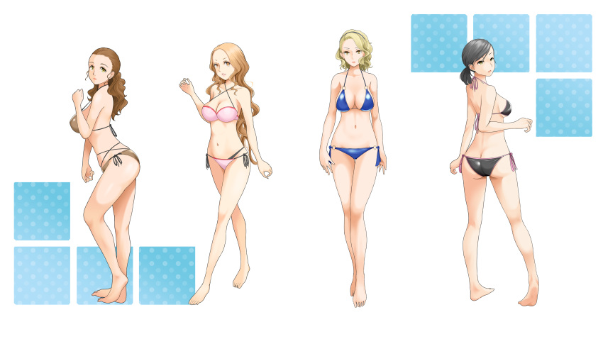 4girls absurdres ass barefoot bikini black_bikini black_hair blonde_hair blue_bikini breasts brown_bikini brown_hair cleavage ebihara_ai feet forehead full_body highres large_breasts long_hair looking_at_viewer low_ponytail margaret_(persona) mature_female medium_hair minami_eri multiple_girls navel persona persona_4 pink_bikini popo-chan side-tie_bikini_bottom standing swimsuit toes uehara_sayoko