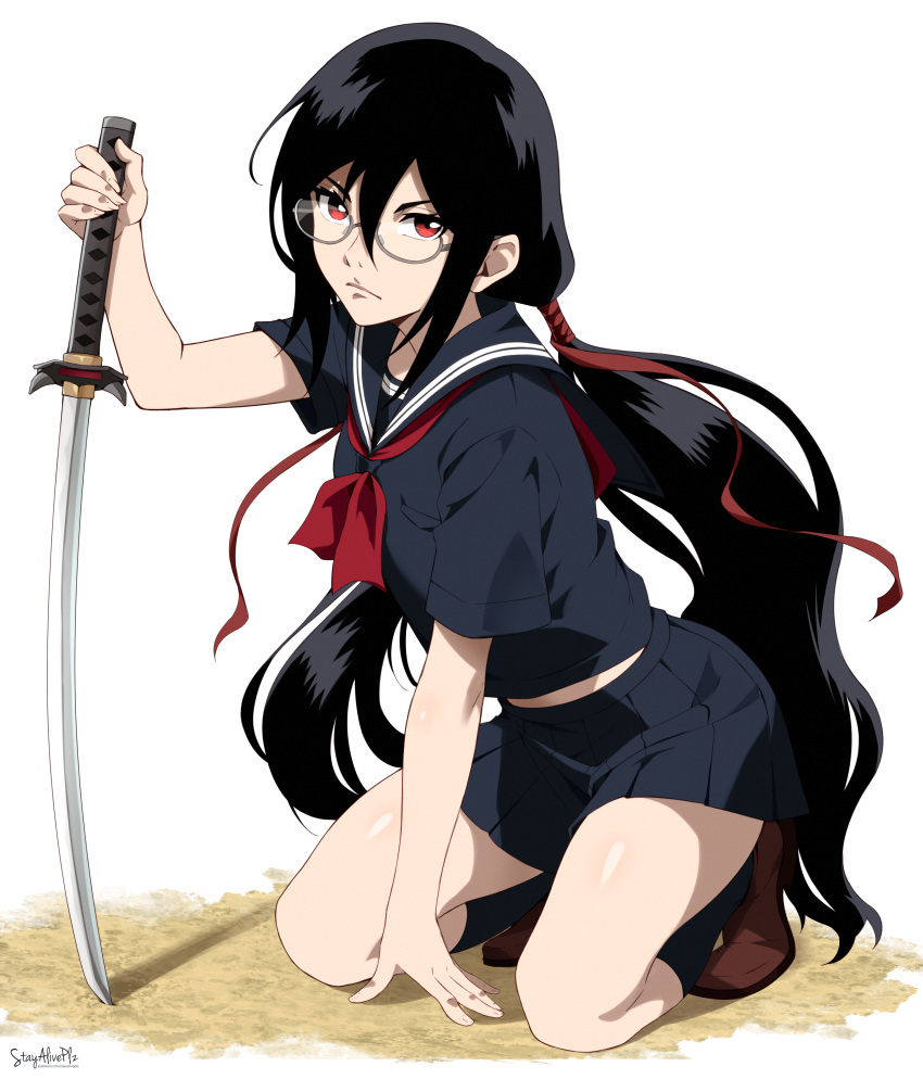 absurdres black_hair blood-c blue_sailor_collar brown_footwear female glasses highres katana kisaragi_saya kneeling long_hair looking_at_viewer neckerchief pleated_skirt red_eyes round_eyewear sailor_collar school_uniform serafuku simple_background skirt solo stayaliveplz sword twintails uniform weapon white_background