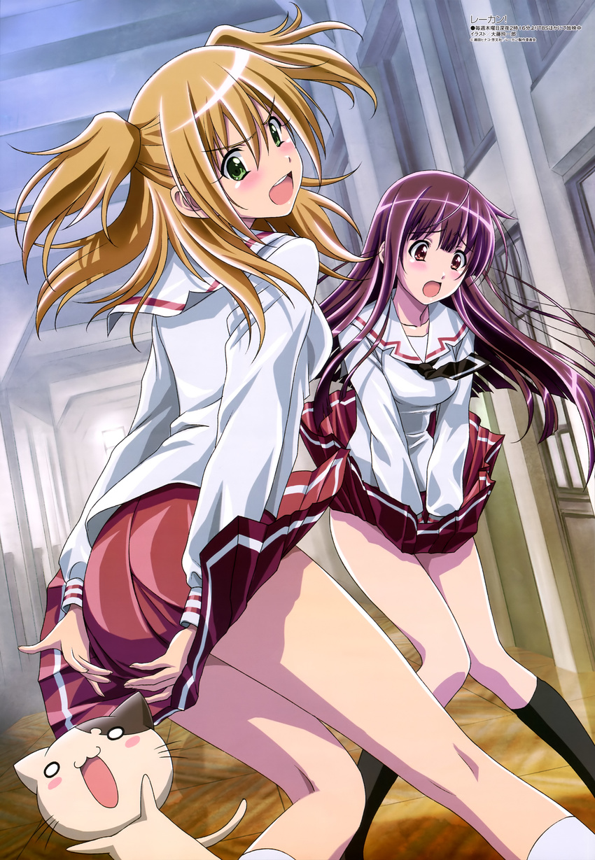 2girls :d absurdres amami_hibiki black_legwear blonde_hair blush blush_stickers brown_eyes ero_neko feline green_eyes highres inoue_narumi_(re-kan!) kneehighs legs long_hair long_sleeves megami_magazine multiple_girls official_art oofuji_reiichirou open_mouth outdoors petals pleated_skirt purple_hair re-kan! school_uniform shirt skirt sky smile socks two_side_up very_long_hair wind wind_lift