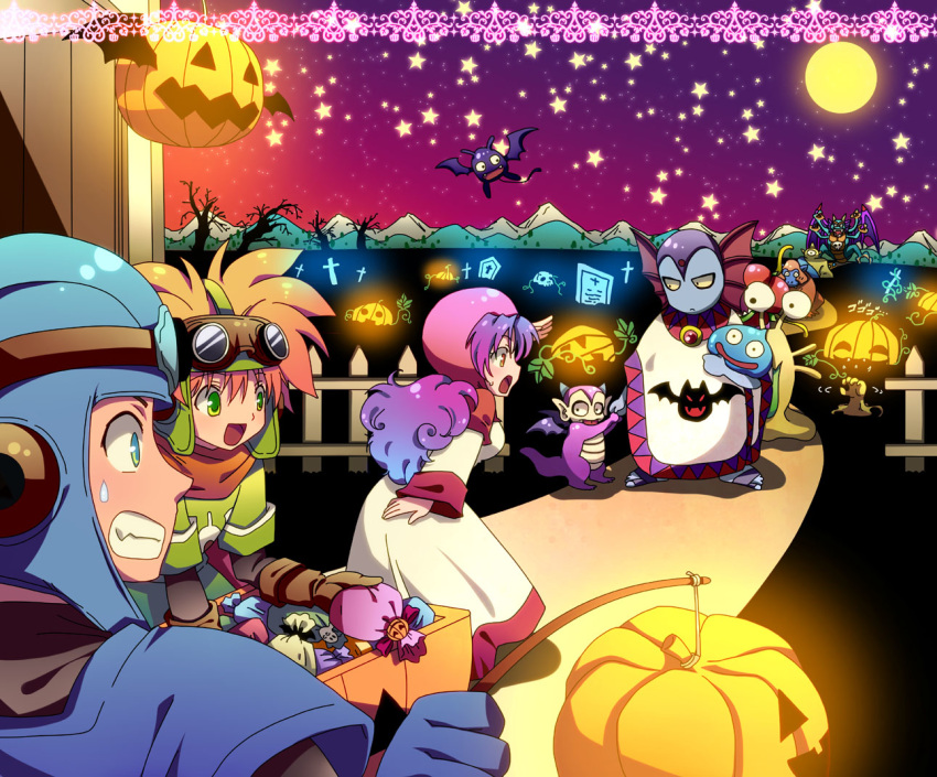 blonde_hair bodysuit born_free cape commentary_request dracky dragon_quest dragon_quest_ii female goggles goggles_on_head goggles_on_headwear halloween hargon hood jack-o'-lantern long_hair multiple_boys prince_of_lorasia prince_of_samantoria princess_of_moonbrook purple_hair robe short_hair slime_(dragon_quest) spiked_hair white_robe