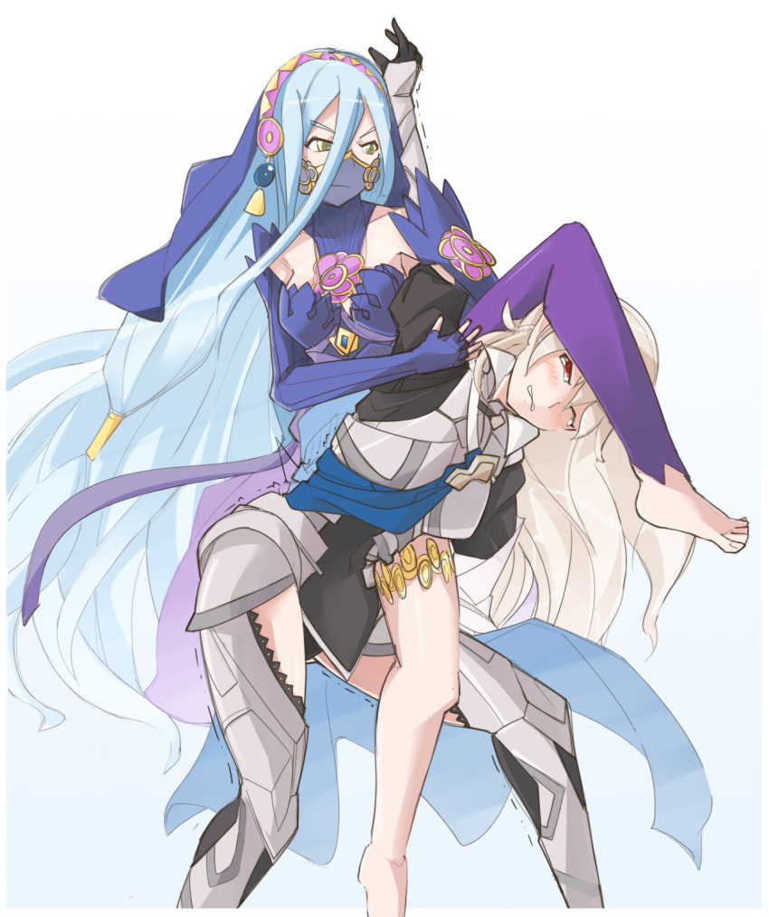 2girls armor azura_(fire_emblem) azura_(performing_arts)_(fire_emblem) bare_shoulders barefoot blue_hair blush cape commentary_request corrin_(female)_(fire_emblem) corrin_(fire_emblem) dress fire_emblem fire_emblem_fates fire_emblem_heroes gloves grey_hair hair_between_eyes hair_ornament hairband highres jaegan long_hair mouth_veil multiple_girls octopus_hold photoshop_(medium) pointy_ears ryona simple_background submission_hold veil white_hair wrestling yellow_eyes