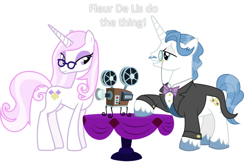 2014 alpha_channel blue_eyes blue_hair bow_(feature) bow_tie bronybyexception clothing cutie_mark dialogue duo english_text equid equine eye_contact eyewear fancypants_(mlp) female feral fleur_de_lis_(mlp) friendship_is_magic fur furniture glasses hair hasbro horn looking_at_another looking_back male mammal monocle my_little_pony mythological_creature mythological_equine mythology pink_hair projector purple_eyes simple_background smile table text transparent_background unicorn white_body white_fur