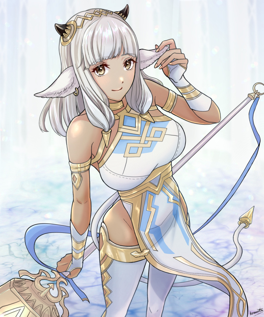 animal_ears ash_(fire_emblem) bare_shoulders black_horns blunt_bangs breasts brown_eyes closed_mouth commentary_request cow_ears cow_girl cow_horns cow_tail dark-skinned_female dark_skin female fire_emblem fire_emblem_heroes gold_trim grey_hair hair_ornament highres holding holding_polearm holding_weapon horns kousetu0506 large_breasts long_hair looking_at_viewer no_panties pelvic_curtain polearm smile solo tail weapon