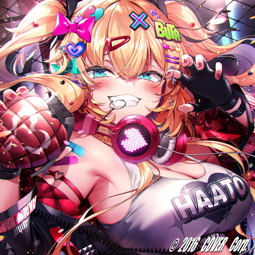 absurdres akai_haato alternate_costume aqua_eyes black_jacket black_ribbon blonde_hair blush breasts chain-link_fence cleavage copyright_name crop_top explosive fangs female fence fingerless_gloves gloves grenade grenade_pin grin hair_between_eyes hair_ornament hair_ribbon hairclip headphones headphones_around_neck heart heart_hair_ornament highres holding holding_grenade hololive jacket large_breasts long_hair looking_at_viewer makinan mouth_hold open_clothes open_jacket red_nails ribbon sidelocks smile solo tank_top too_many_hair_ornaments twintails upper_body virtual_youtuber watermark white_tank_top