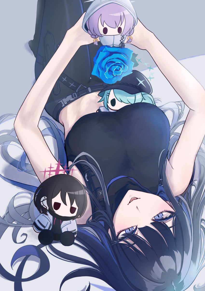 atsuko_(blue_archive) black_hair black_pants blue_archive blue_eyes blue_flower blue_rose breasts character_doll crop_top doll female flower highres hiyori_(blue_archive) holding holding_doll large_breasts long_hair luna_tic_303 midriff misaki_(blue_archive) open_mouth pants rose saori_(blue_archive) solo upside-down