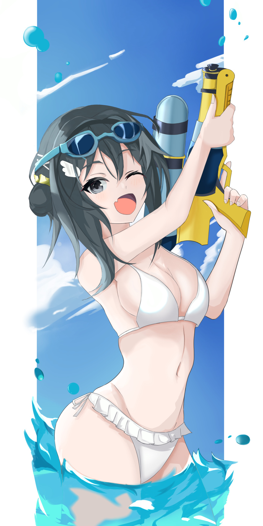 absurdres arknights bell_rin bikini black_hair breasts cleavage double_bun eyewear_on_head female frilled_bikini frilled_bikini_bottom frills grey_eyes hair_bun highres la_pluma_(arknights) la_pluma_(summer_flowers)_(arknights) looking_at_viewer medium_breasts oerba_yun_fang official_alternate_costume one_eye_closed short_hair skin_fang solo sunglasses super_soaker swimsuit wading water water_gun white_bikini