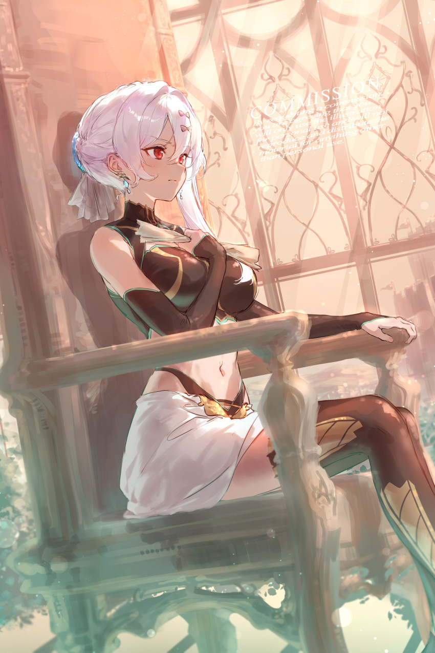 absurdres bow brawler_(series) brown_dress copyright_request determined dress eshineko gold_dress gown hairbow highres jewelry letter navel queen red_eyes sitting_on_throne throne throne_room tomboy white_hair