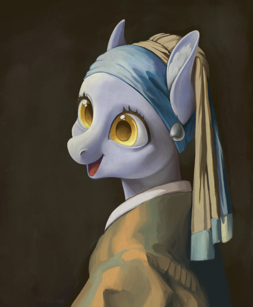 absurd_res anthro brown_background clothed clothing derpy_hooves ear_piercing equid equine female friendship_is_magic gem girl_with_a_pearl_earring grey_body hasbro headgear headwear hi_res horse inner_ear_fluff inspired_by_formal_art mammal my_little_pony open_mouth pearl_(gem) piercing pony side_view signature simple_background solo taytinabelle tuft yellow_eyes