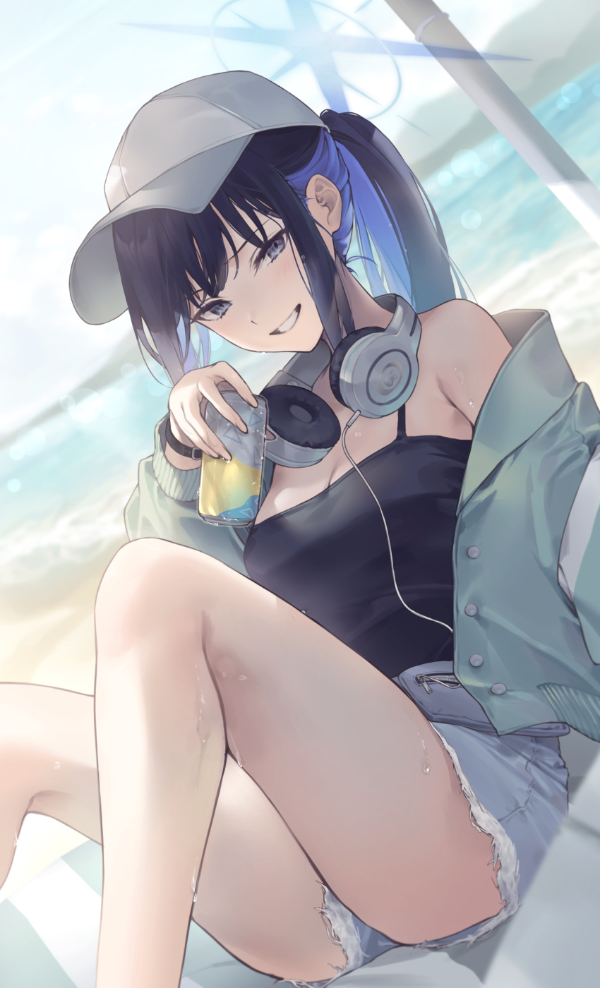 aqua_jacket baseball_cap black_camisole blue_archive blue_halo camisole can colored_inner_hair denim denim_shorts female halo hat headphones headphones_around_neck highres jacket multicolored_hair official_alternate_costume saori_(blue_archive) saori_(swimsuit)_(blue_archive) shiidap shorts solo thighs white_hat