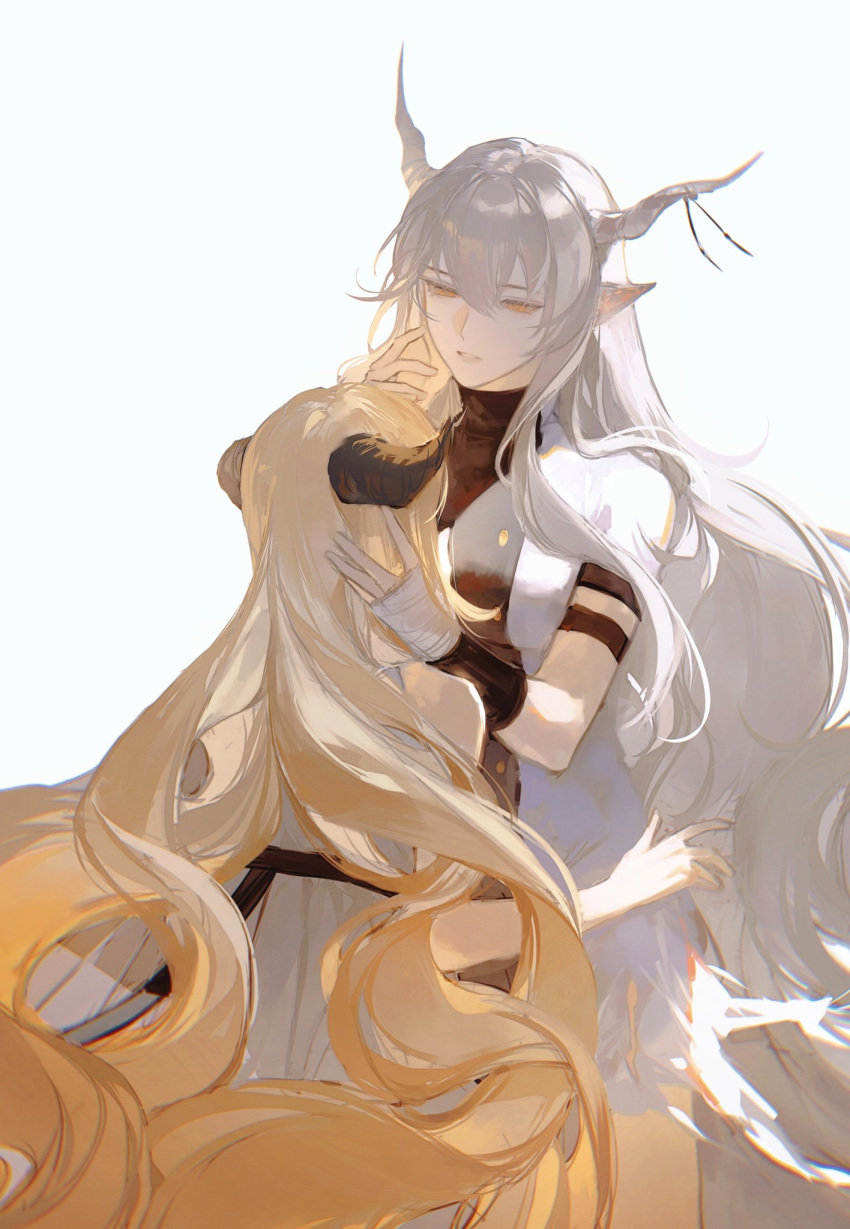 2girls arknights blonde_hair cloak closed_eyes demon_horns dress hair_spread_out highres horns implied_extra_ears long_hair multiple_girls nightingale_(arknights) pointy_ears shining_(arknights) torn_cloak torn_clothes very_long_hair white_dress xundaixun yuri