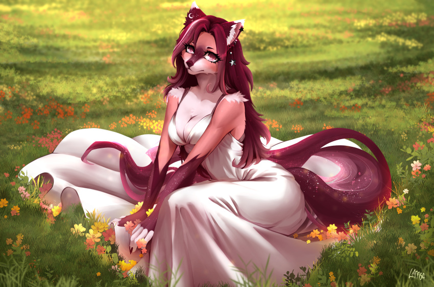 absurd_res anthro canid canine cinnamon_(disambiguation) cinnamon_bun classy clothing dress female female/female flower food fox grass hi_res laffisa mammal nature on_the_grass pastry plant solo space sparkles