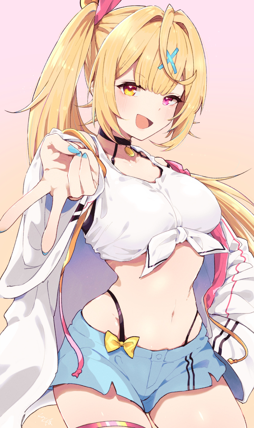 aqua_nails black_panties blonde_hair blue_shorts breasts cowboy_shot crop_top female gradient_background hair_ornament hair_ribbon hand_on_own_hip heart highleg highleg_panties highres hoshikawa_sara hoshikawa_sara_(1st_costume) jacket kurokubo_(yakekubo) long_hair medium_breasts midriff navel nijisanji open_clothes open_jacket open_mouth outstretched_arm panties red_eyes red_ribbon ribbon short_shorts shorts side_ponytail signature smile tank_top underwear v very_long_hair virtual_youtuber white_jacket x_hair_ornament yellow_eyes