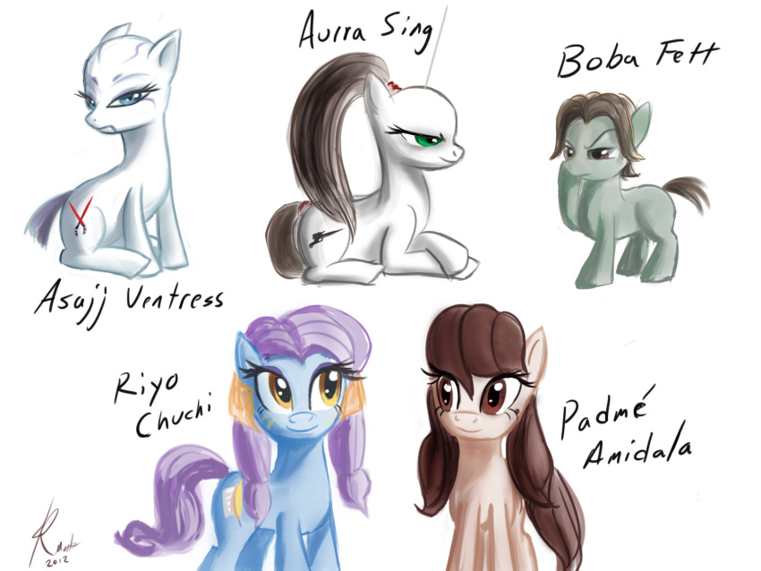 2012 4:3 asajj_ventress aurra_sing boba_fett brown_eyes dated equid equine evil_grin female green_eyes group hasbro hi_res horse looking_at_viewer mammal my_little_pony padme_amidala pony raikoh-illust riyo_chuchi simple_background smile star_wars star_wars:_the_clone_wars white_background