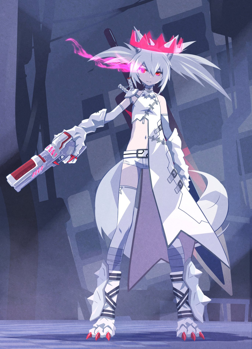 32zzz alternate_costume animal_ear_fluff animal_ears animal_feet animal_hands black_rock_shooter claws closed_mouth dress female flaming_eye floating_crown full_body grey_hair gun hair_between_eyes handgun highres holding holding_gun holding_weapon huge_weapon long_hair midriff navel purple_eyes red_eyes short_shorts shorts sidelocks solo sword tail twintails uneven_twintails weapon white_dress white_rock_shooter white_shorts wolf_ears wolf_tail