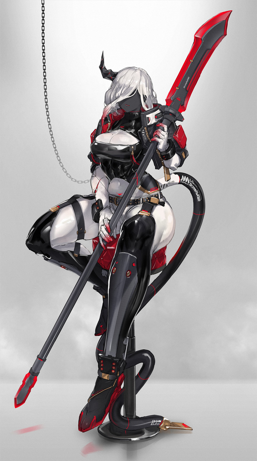 absurdres armlet belt black_jacket black_skin boots breasts chains chair cleavage cleavage_cutout clothing_cutout colored_skin covered_eyes crop_top echanis_enicha female glaive_(polearm) highres holding holding_weapon horns jacket jewelry leg_armor medium_breasts navel open_clothes open_jacket original polearm red_lips short_shorts shorts single_horn sitting spear tail thick_thighs thigh_boots thigh_strap thighs weapon white_background white_hair white_skin