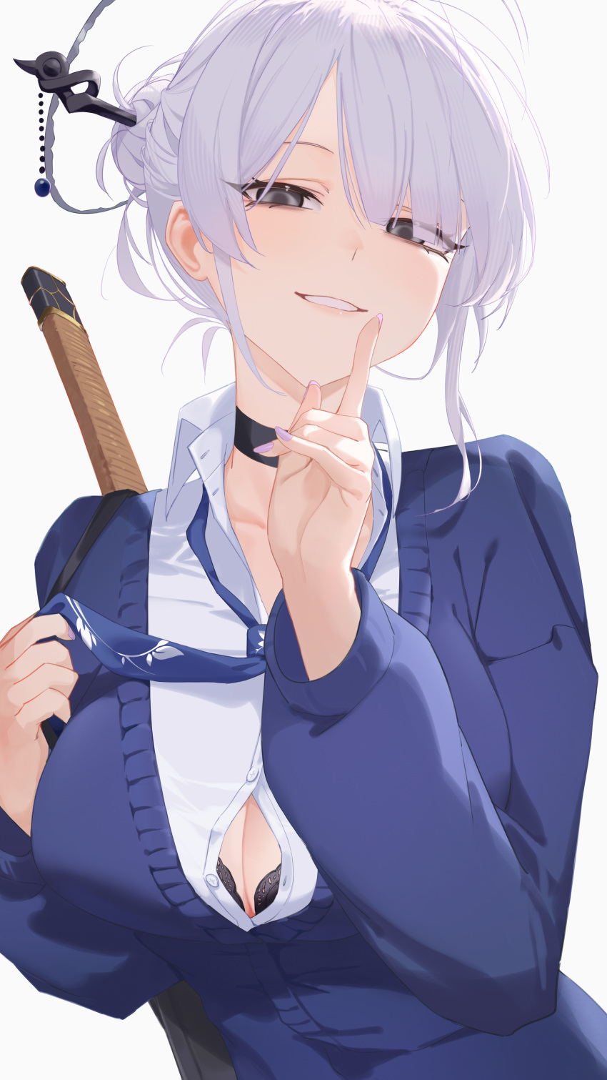 absurdres bad_id bad_pixiv_id black_bra black_choker black_eyes blue_cardigan blue_necktie bra bra_peek breasts button_gap cardigan choker collared_shirt dress_shirt female fingernails grey_hair grin hair_bun hair_ornament hair_stick half-closed_eyes halo highres index_finger_raised itokonoue_kaoru large_breasts long_fingernails long_sleeves looking_at_viewer nail_polish necktie project_kv purple_nails serelith shirt short_hair simple_background single_hair_bun smile solo sword underwear upper_body weapon weapon_on_back white_background white_shirt