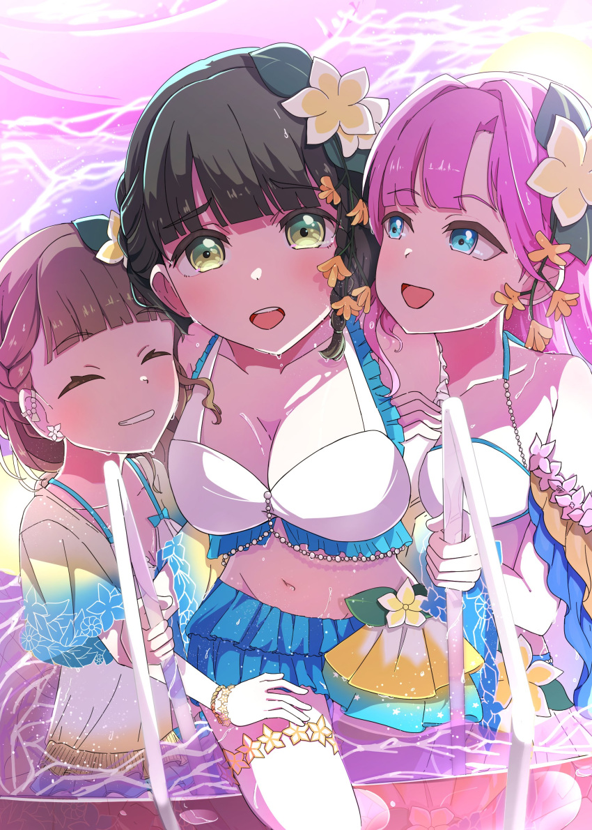 3girls :d ^_^ absurdres anyoji_hime bikini bikini_skirt black_hair blue_eyes blue_jacket blunt_bangs braid breasts brown_hair center-flap_bangs cleavage closed_eyes collarbone commentary earrings flower flower_earrings frilled_bikini frills girl_sandwich gradient_clothes gradient_jacket green_eyes grin hair_flower hair_ornament highres jacket jacket_over_swimsuit jewelry kachimachi_kosuzu kametora_(kametora02) knee_up link!_like!_love_live! long_hair looking_at_another looking_at_viewer love_live! medium_breasts momose_ginko multicolored_clothes multicolored_jacket multiple_girls official_alternate_costume official_alternate_hairstyle open_clothes open_jacket open_mouth passion!!!!!!_(love_live!) pink_hair plumeria pool pool_ladder sandwiched short-sleeved_jacket short_hair short_sleeves side_braids single_sidelock smile swept_bangs swimsuit teeth upper_teeth_only virtual_youtuber wading wavy_sidelocks white_bikini white_jacket yellow_flower yellow_jacket