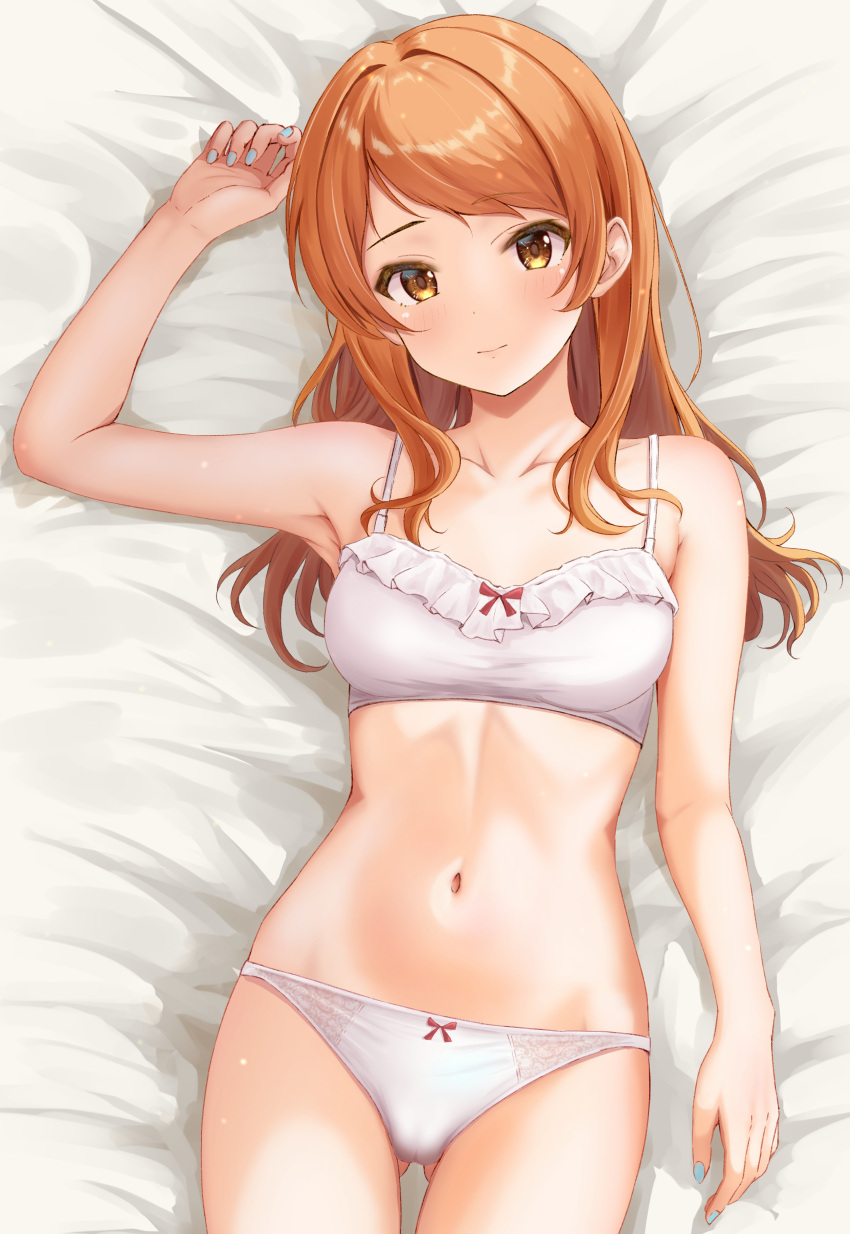 absurdres arm_up armpits ass_visible_through_thighs bed_sheet blush bra breasts ca_paria cameltoe female fingernails frilled_bra frills highres hojo_karen idolmaster idolmaster_cinderella_girls long_hair looking_at_viewer lying medium_breasts nail_polish navel on_back orange_hair panties revision ribbon-trimmed_bra ribbon-trimmed_panties solo stomach underwear underwear_only white_bra white_panties