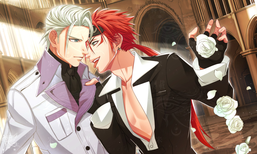 2boys absurdres black_gloves black_necktie earrings eye_contact final_fantasy final_fantasy_vii fingerless_gloves flower gloves goggles goggles_on_head highres indoors jacket jewelry kurokiseow long_hair looking_at_another male_focus multiple_boys necktie open_clothes open_shirt pocket red_hair reno_(ff7) rufus_shinra shirt_grab tongue tongue_out watermark white_flower white_hair white_jacket