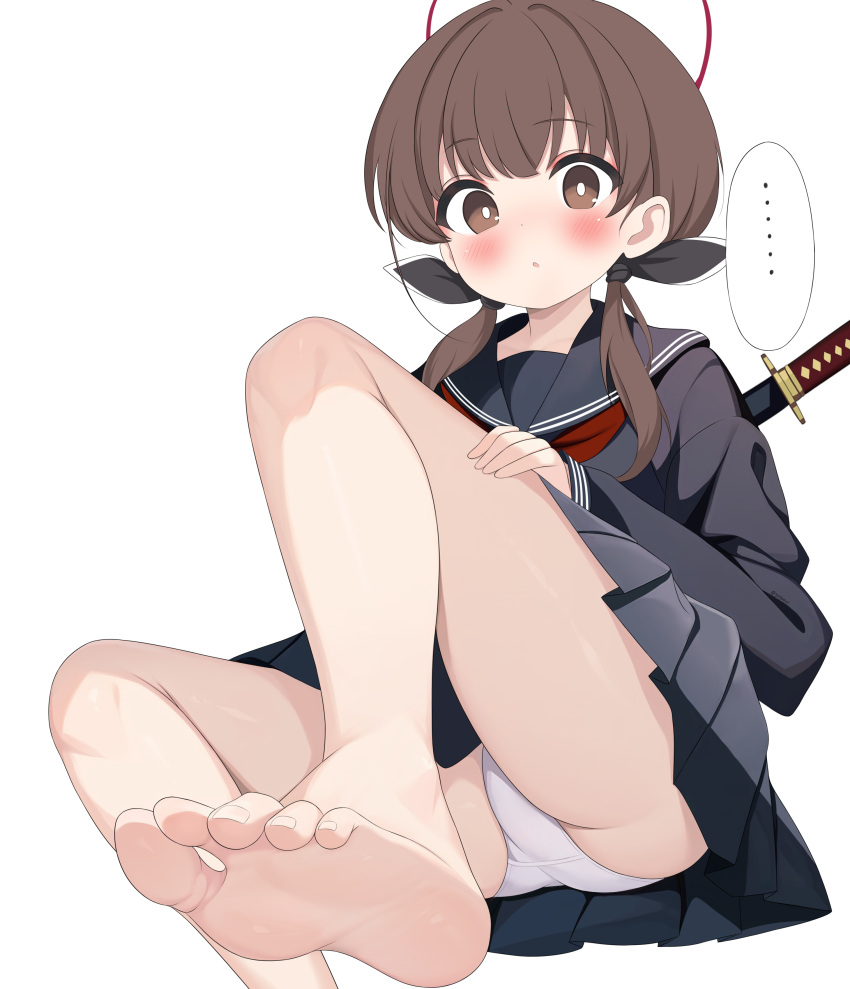 ... absurdres barefoot black_sailor_collar black_serafuku blush bright_pupils brown_eyes brown_hair female gugu0v0 halo highres katana knee_up long_hair long_sleeves low_twintails neckerchief ohitome_kohane panties project_kv red_halo red_neckerchief sailor_collar school_uniform serafuku shirt skirt soles solo sword sword_on_back twintails underwear weapon weapon_behind_back weapon_on_back white_panties white_pupils