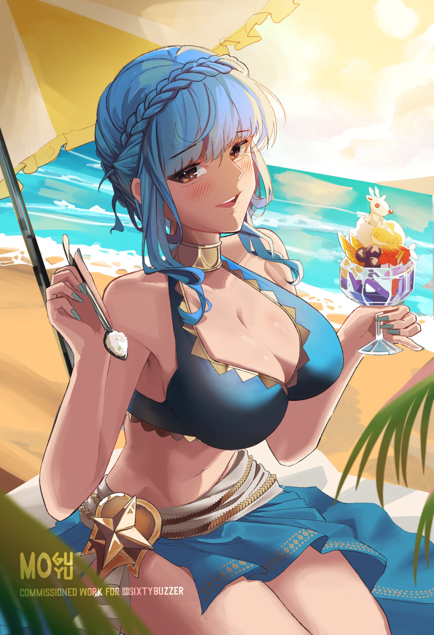 absurdres beach beach_umbrella bikini blue_bikini blue_hair blue_sarong blush breasts cleavage commission female fire_emblem fire_emblem:_three_houses fire_emblem_heroes food highres holding holding_food holding_ice_cream holding_spoon ice_cream large_breasts marianne_von_edmund marianne_von_edmund_(summer) mogumoyu navel ocean official_alternate_costume open_mouth sarong short_hair sitting spoon swimsuit umbrella