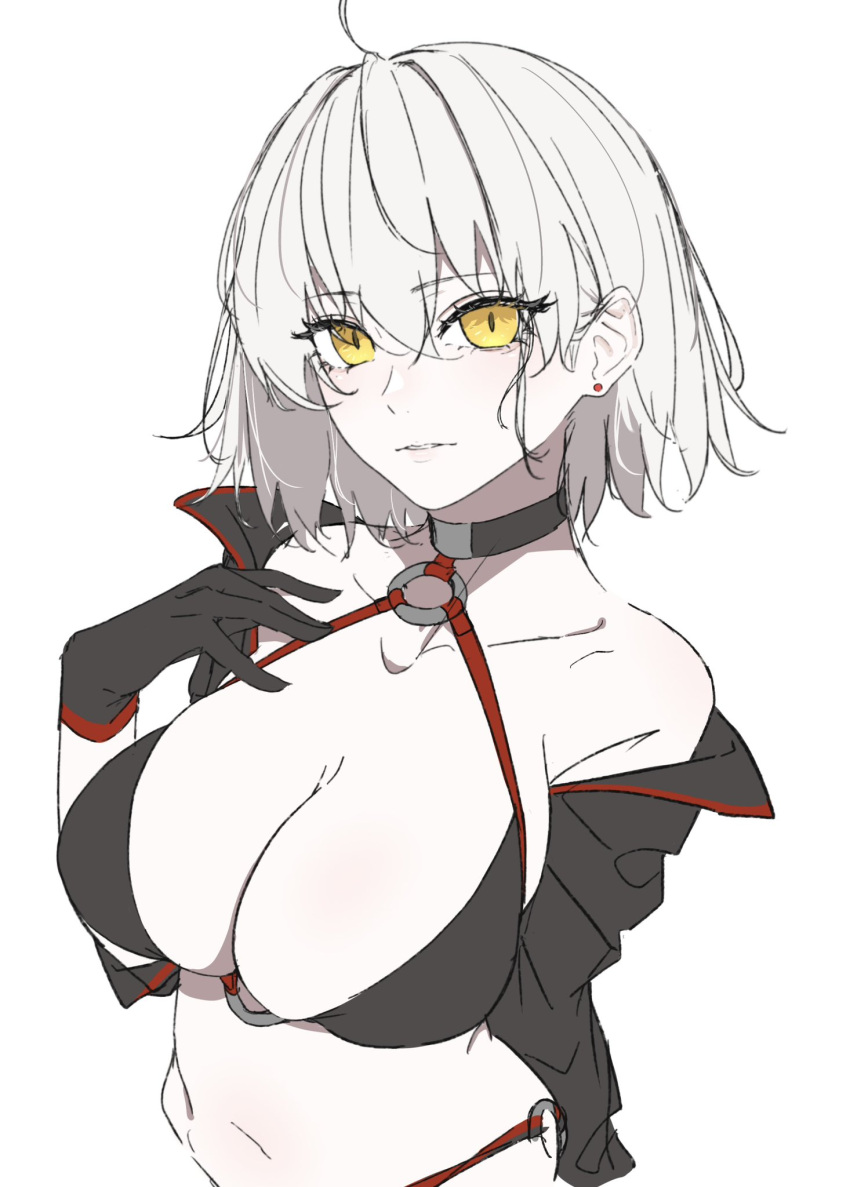 ahoge bare_shoulders bikini black_bikini black_choker black_gloves black_jacket blush breasts choker cleavage closed_mouth collarbone commentary_request cowboy_shot earrings fate_(series) female gloves hair_between_eyes hand_on_own_chest highres jacket jeanne_d'arc_alter_(fate) jeanne_d'arc_alter_(swimsuit_berserker)_(fate) jewelry large_breasts looking_at_viewer navel o-ring o-ring_bikini o-ring_top off_shoulder open_clothes ri_o_ne_su short_hair simple_background solo stomach stud_earrings swimsuit upper_body white_background white_hair yellow_eyes