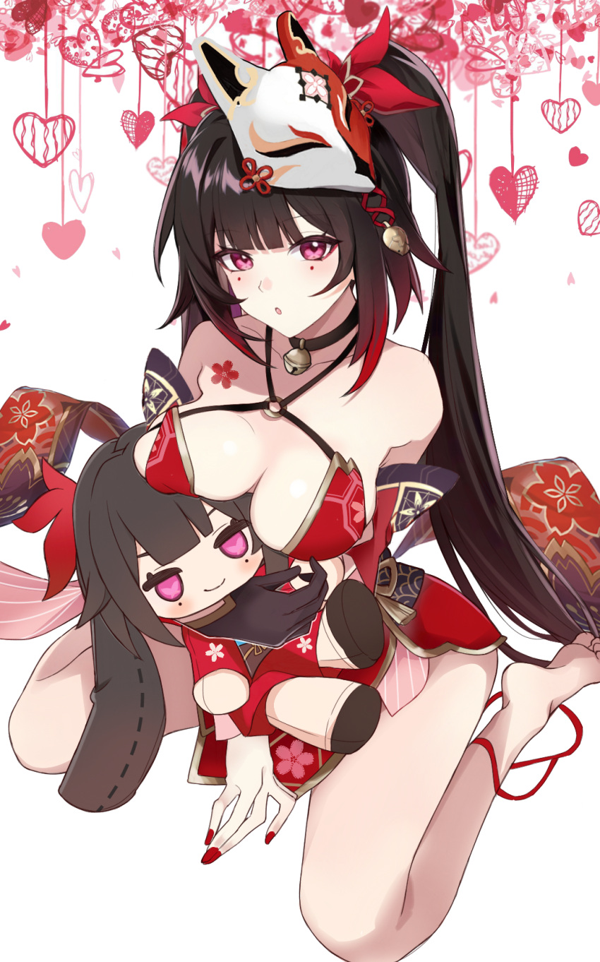 bare_shoulders barefoot bell black_choker black_hair breasts character_doll choker collarbone commentary_request female floral_background flower_tattoo fox_mask from_above highres holding holding_stuffed_toy honkai:_star_rail honkai_(series) japanese_clothes jingle_bell kimono large_breasts long_hair looking_at_viewer looking_up mask mask_on_head nail_polish neck_bell o-ring open_mouth red_eyes red_kimono red_nails saint_laurent_paris short_kimono shoulder_tattoo sitting solo sparkle_(doll)_(honkai:_star_rail) sparkle_(honkai:_star_rail) stuffed_toy tattoo twintails wariza white_background