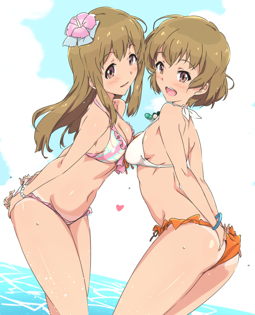 2girls bikini blue_sky breasts brown_eyes brown_hair cloud day highres long_hair looking_at_viewer medium_breasts multiple_girls ocean open_mouth sky sugihara_marika sugihara_sakura swimsuit umanosuke wake_up_girls! wake_up_girls!_stage_no_tenshi