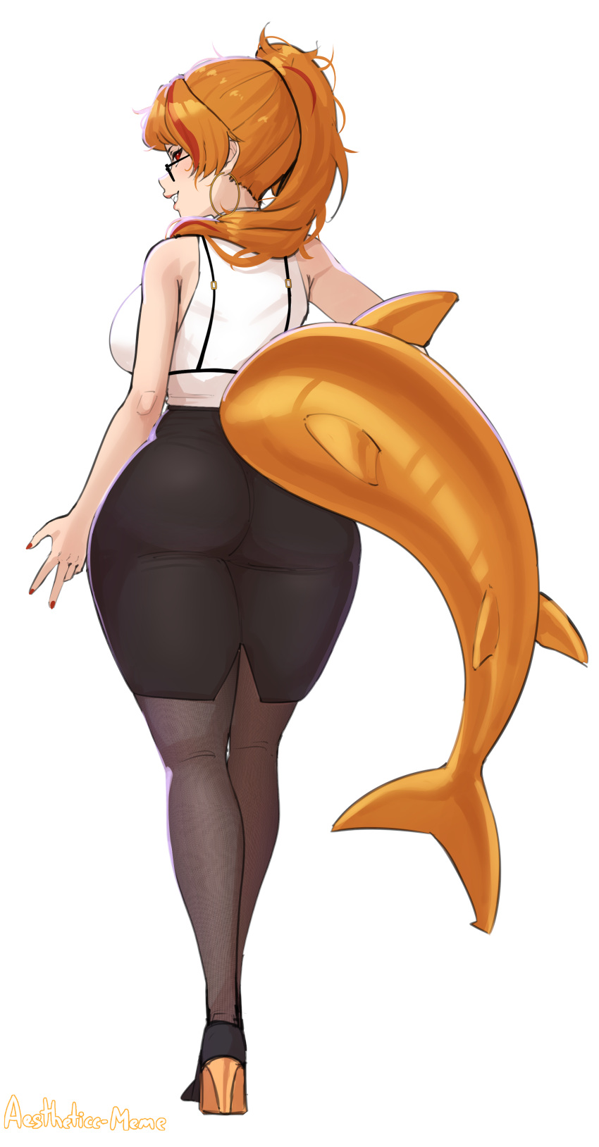 1boy absurdres aestheticc-meme bad_link black_skirt breasts female fins fish_tail glasses highres indie_virtual_youtuber large_breasts long_hair mako_fukasame mole orange_hair red_eyes semi-rimless_eyewear shark_girl shark_tail shirt skirt solo_focus tail virtual_youtuber white_shirt