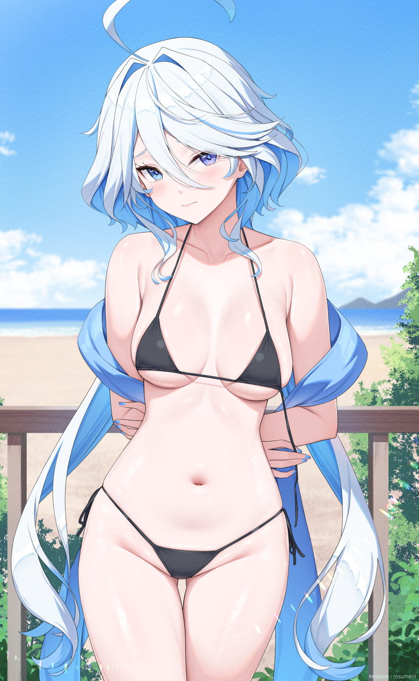 absurdres alternate_breast_size alternate_costume arms_behind_back bikini black_bikini blue_eyes blue_hair blue_nails blue_shawl blue_sky blush breasts closed_mouth cloud cloudy_sky collarbone commentary_request day female fingernails furina_(genshin_impact) genshin_impact hair_between_eyes hair_intakes highres long_hair looking_at_viewer medium_breasts nail_polish navel outdoors paid_reward_available patreon_username rosumerii shawl side-tie_bikini_bottom sky solo stomach swimsuit thighs untied_bikini_top wavy_hair