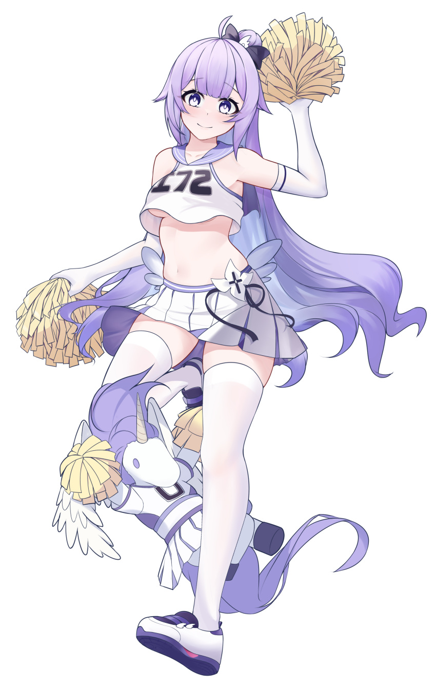 absurdres ahoge azur_lane bare_shoulders black_ribbon breasts cheerleader closed_mouth crop_top elbow_gloves female frilled_skirt frills full_body gloves hair_ribbon high_ponytail highres long_hair looking_at_viewer medium_breasts midriff navel official_alternate_costume pom_pom_(cheerleading) purple_eyes purple_hair purple_sailor_collar ribbon sailor_collar simple_background skirt smile stomach thighhighs underboob unicorn unicorn_(azur_lane) unicorn_(champion_of_unicorn)_(azur_lane) very_long_hair white_background white_footwear white_gloves white_skirt white_thighhighs xin_sanmu