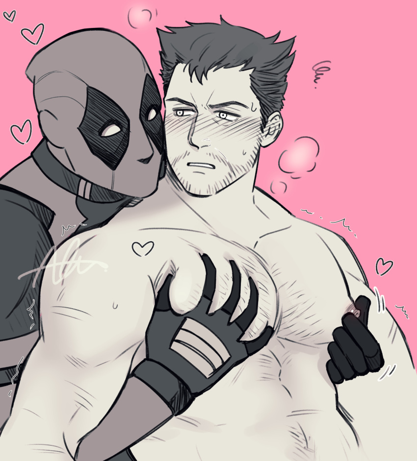 2boys absurdres bara beard_stubble blank_eyes blush chest_hair collarbone deadpool deadpool_(series) facial_hair from_behind gloves greyscale_with_colored_background hand_on_another's_chest heart highres large_pectorals looking_at_another male_focus marvel mask mature_male motion_lines multiple_boys muscular muscular_male mustache_stubble navel_hair nipple_stimulation nipple_tweak nipples nude parted_lips pectoral_grab pectorals pink_background sherlock7akane short_hair simple_background stubble sweat teeth twitter_username upper_body wolverine_(x-men) x-men yaoi