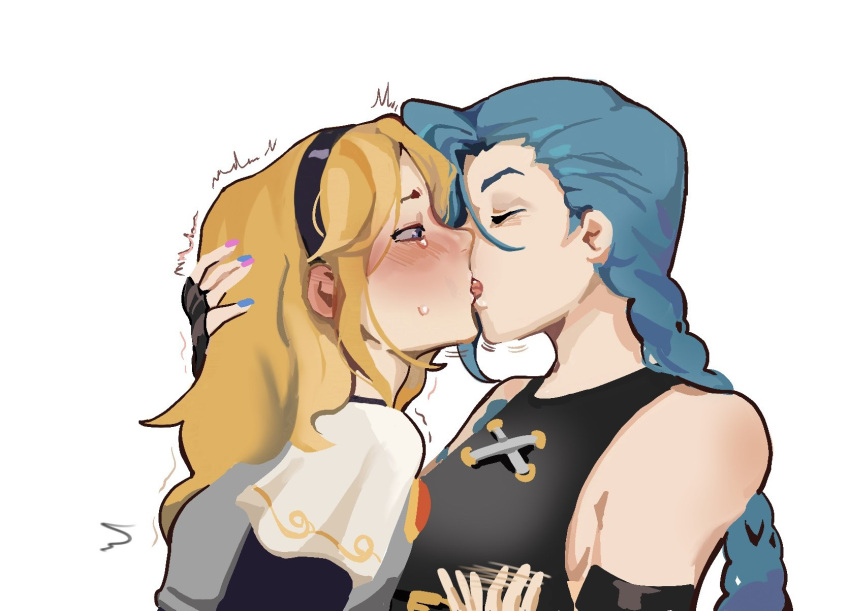 2girls arcane:_league_of_legends arcane_jinx bare_shoulders black_hairband blonde_hair blush braid french_kiss from_side green_hair hairband heart highres jinx_(league_of_legends) kid_sppinarl kissing league_of_legends long_hair looking_at_another lux_(league_of_legends) multiple_girls nail_polish profile short_sleeves smile sweat tearing_up trembling upper_body yuri