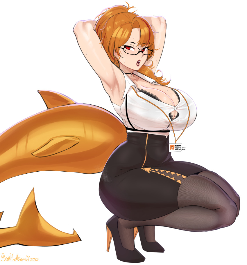 1boy absurdres aestheticc-meme bad_link black_skirt breasts female fins fish_tail glasses highres indie_virtual_youtuber large_breasts long_hair mako_fukasame mole mole_on_breast orange_hair red_eyes semi-rimless_eyewear shark_girl shark_tail shirt skirt solo_focus tail virtual_youtuber white_shirt