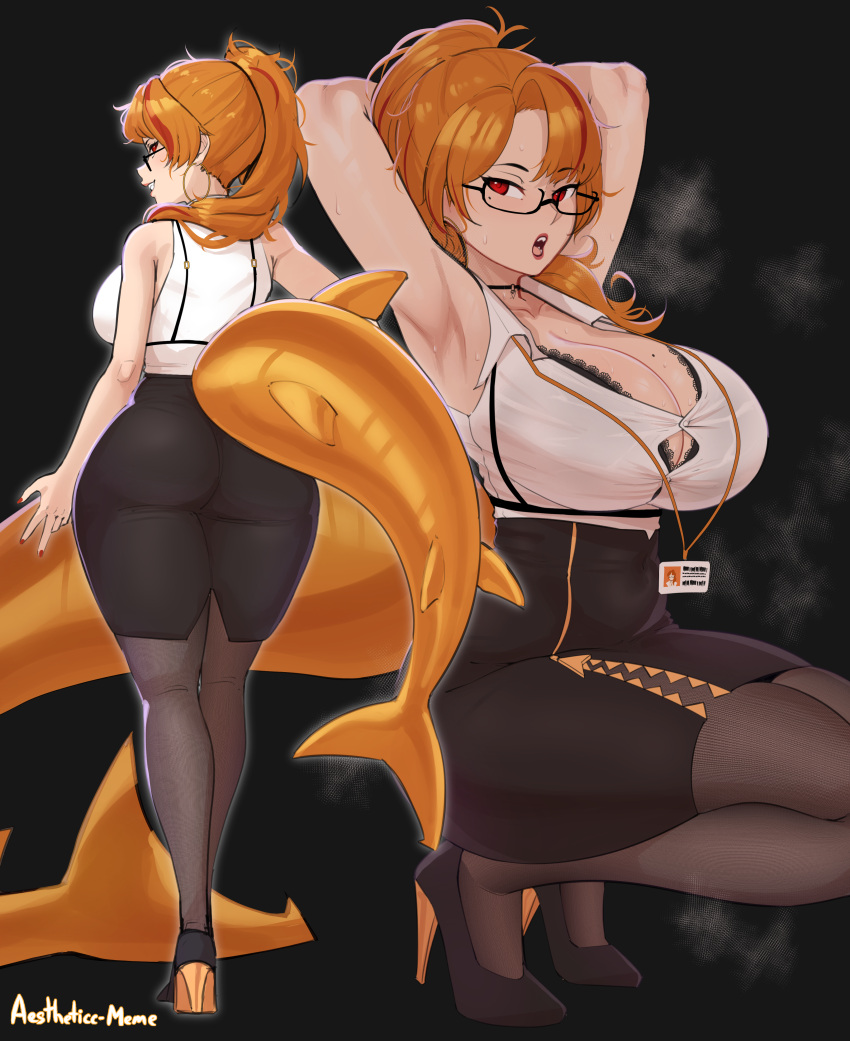 1boy absurdres aestheticc-meme black_skirt breasts female fins fish_tail glasses highres indie_virtual_youtuber large_breasts long_hair mako_fukasame mole mole_on_breast orange_hair red_eyes semi-rimless_eyewear shark_girl shark_tail shirt skirt solo_focus tail virtual_youtuber white_shirt