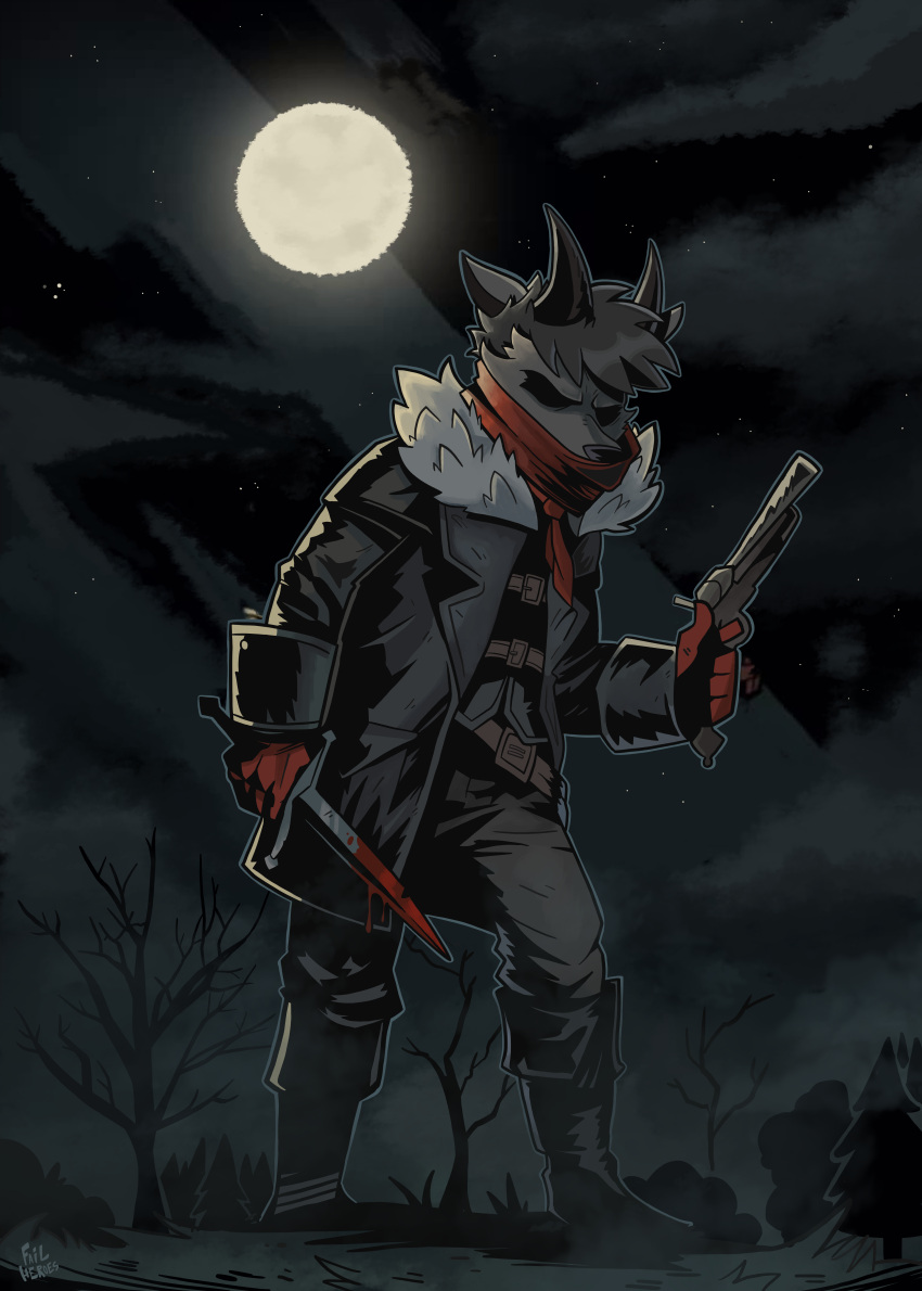 absurd_res anthro belt black_boots black_clothing black_footwear black_hair black_horn black_nose blade blood bodily_fluids boots bottomwear canid canid_demon canine canis clothing cloud dagger dark_clothing darkest_dungeon demon duskhound fog footwear full_moon fur gloves grey_body grey_fur gun hair handwear hellhound heroes_fail hi_res horn jacket kerchief leather leather_clothing leather_jacket leather_topwear male mammal melee_weapon moon mythological_canine mythological_creature mythology night pants plant ranged_weapon red_kerchief shoes solo star topwear tree weapon wolf