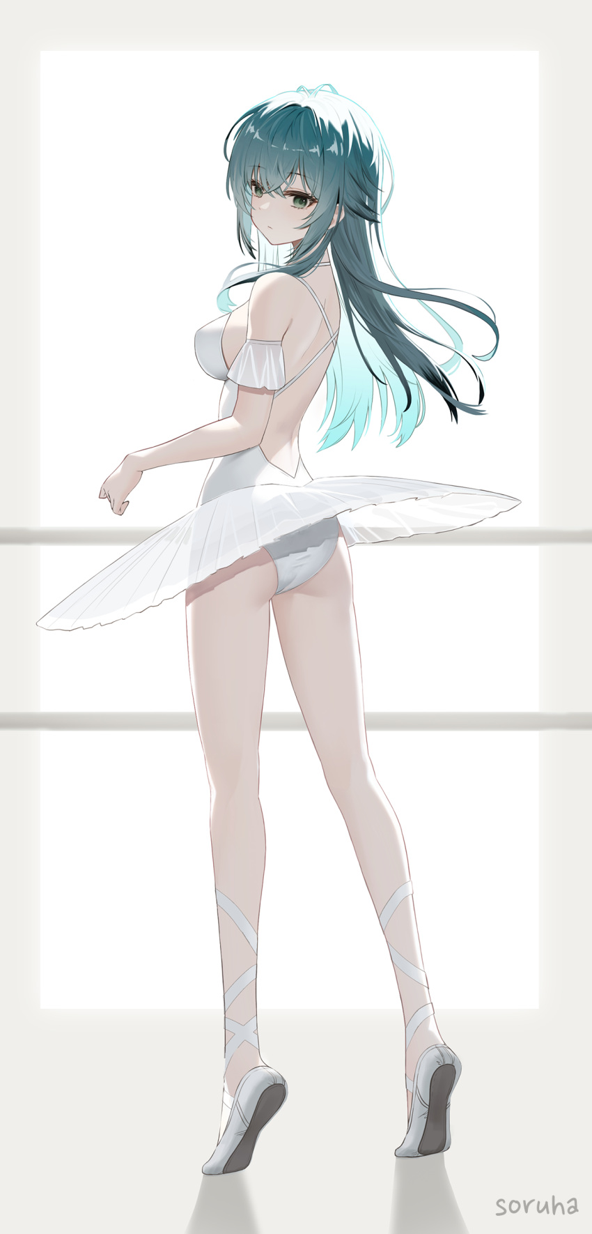 absurdres arm_garter artist_name ass barre breasts female full_body gakuen_idolmaster green_eyes green_hair hair_flaps highres idolmaster leotard long_hair looking_at_viewer looking_to_the_side medium_breasts solo soruha tiptoes tsukimura_temari very_long_hair white_footwear white_leotard