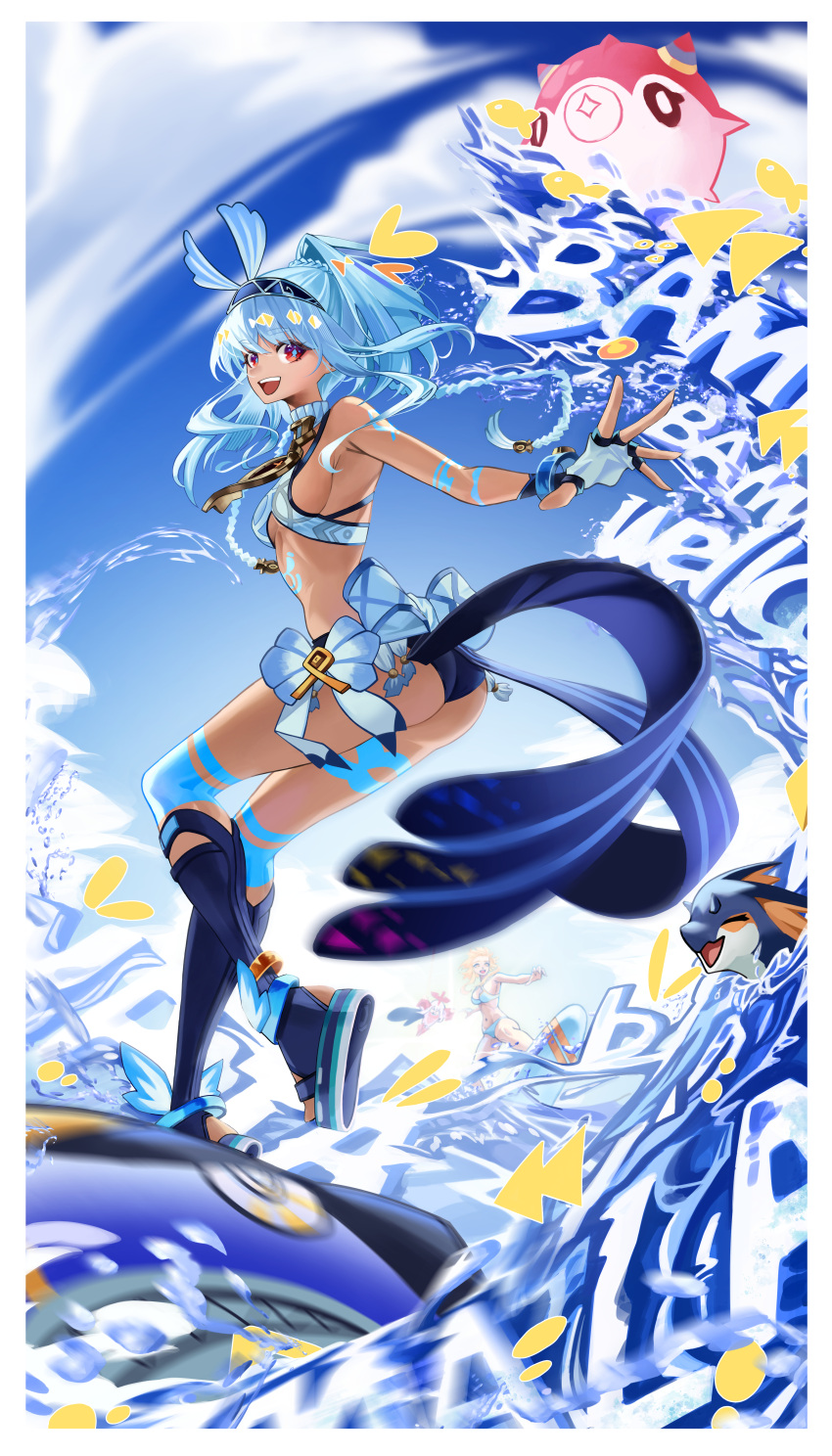 absurdres armpits ass blue_footwear blue_hair body_markings breasts dark_skin female full_body genshin_impact highres ino_(kzhu5545) mualani_(genshin_impact) ocean red_eyes sideboob smile solo surfboard surfing tan