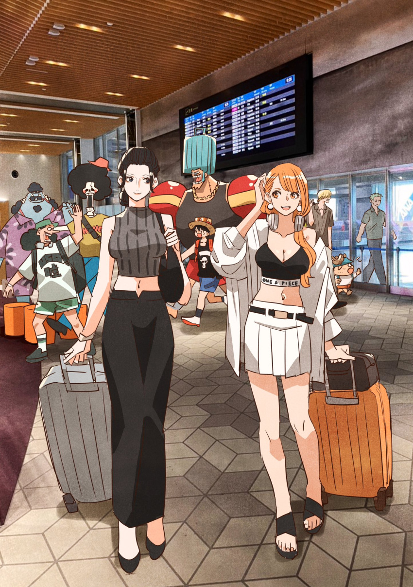 2girls 6+boys afro airport bag black_hair black_pants blonde_hair blue_hair blue_skin brook_(one_piece) colored_skin commentary_request copyright_name crop_top curly_hair eye_contact facial_hair fish_boy franky_(one_piece) full_body goatee green_hair hair_bun hat headphones headphones_around_neck highres holding holding_suitcase jacket jewelry jinbe_(one_piece) looking_at_another monkey_d._luffy multiple_boys multiple_girls nami_(one_piece) necklace nico_robin one_piece open_clothes open_jacket open_mouth orange_hair pants pearl_necklace roronoa_zoro sanji_(one_piece) shoulder_bag skeleton skirt straw_hat suitcase sunglasses takeuchi_ryousuke tony_tony_chopper usopp