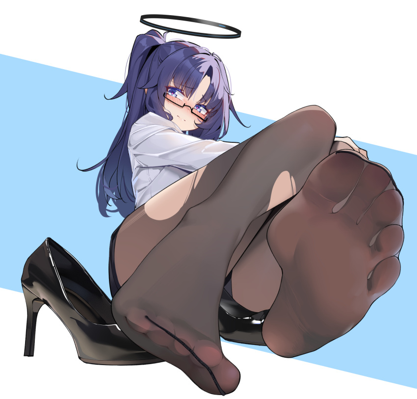 alternate_hairstyle black_halo black_pantyhose blue_archive blush closed_mouth eyebrows_hidden_by_hair feet female glasses halo high_heels highres long_hair looking_at_viewer painterliuhao pantyhose ponytail purple_hair shirt shoes soles solo toes unworn_shoes white_shirt yuuka_(blue_archive)