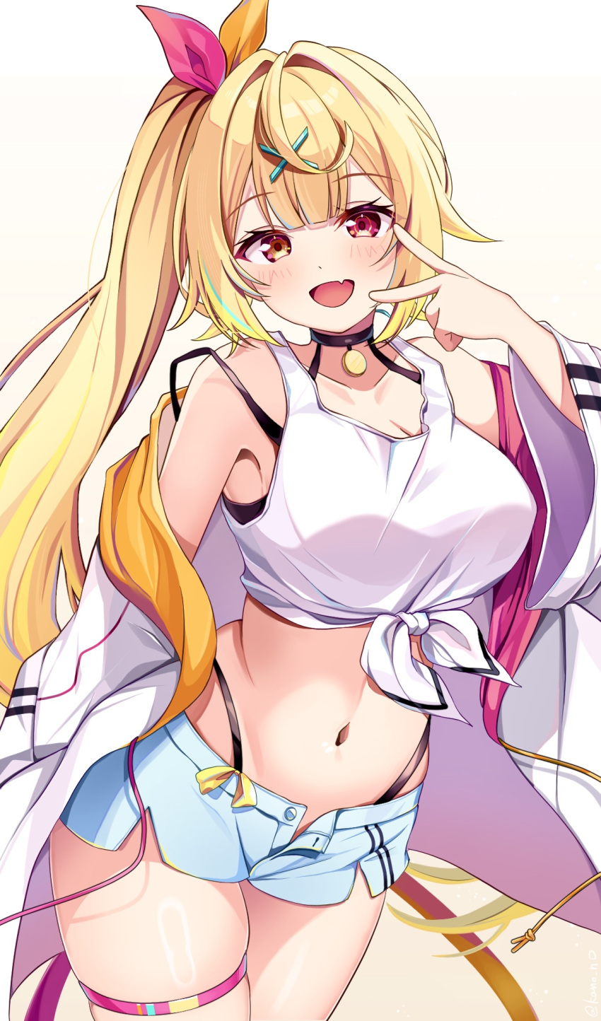 bare_shoulders blonde_hair blue_shorts blush breasts crop_top female hair_ornament hair_ribbon heterochromia highleg highleg_panties highres hoshikawa_sara hoshikawa_sara_(1st_costume) jacket kano3 long_hair looking_at_viewer navel nijisanji off_shoulder open_mouth panties panty_straps red_eyes ribbon shirt short_shorts shorts side_ponytail simple_background smile solo tank_top thigh_strap tied_shirt underwear v virtual_youtuber white_background white_jacket white_tank_top x_hair_ornament yellow_eyes