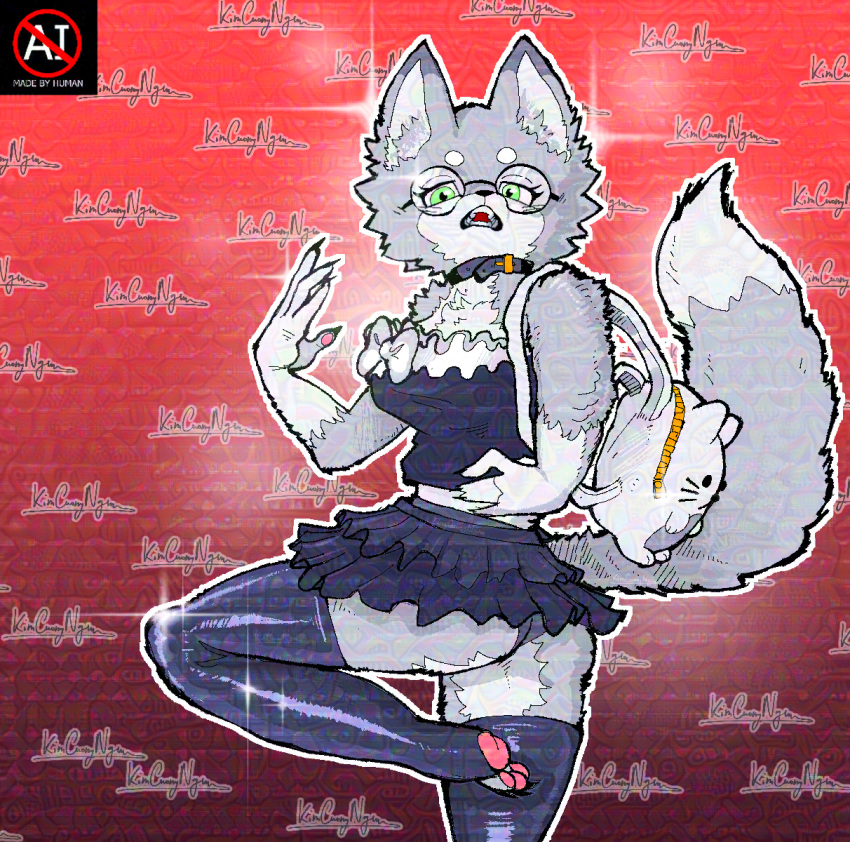 anthro backpack bodily_fluids bottomwear bow_tie breasts canid canine chim_(kimcuongnguyen) clothed clothing clothing_lift collar detailed_background digital_media_(artwork) exposed_ass eyewear female footwear fox fur glasses glistening glistening_clothing glistening_eyes green_eyes grey_body grey_fur hi_res kimcuongnguyen legwear long_socks looking_at_viewer mammal open_mouth raised_bottomwear raised_clothing raised_skirt shirt skirt skirt_lift socks solo tail teeth text thick_thighs topwear white_body white_fur