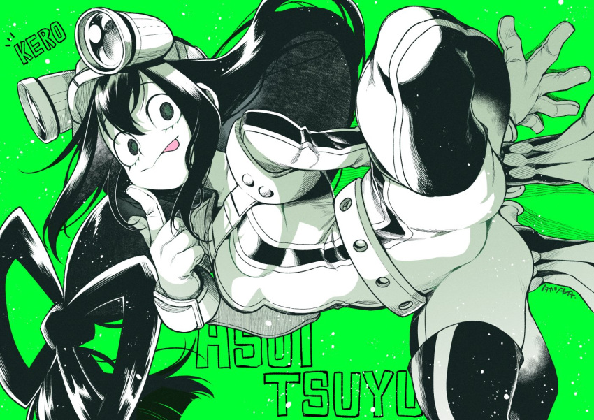 :p asui_tsuyu bodysuit boku_no_hero_academia breasts character_name closed_mouth commentary female finger_to_cheek floating_hair gloves goggles goggles_on_head green_background green_eyes greyscale_with_colored_background hair_between_eyes hair_rings index_finger_raised long_hair looking_at_viewer low-tied_long_hair medium_breasts romaji_text signature skin_tight solo spot_color spread_legs superhero_costume symbol-only_commentary takatsuki_ichi tongue tongue_out very_long_hair