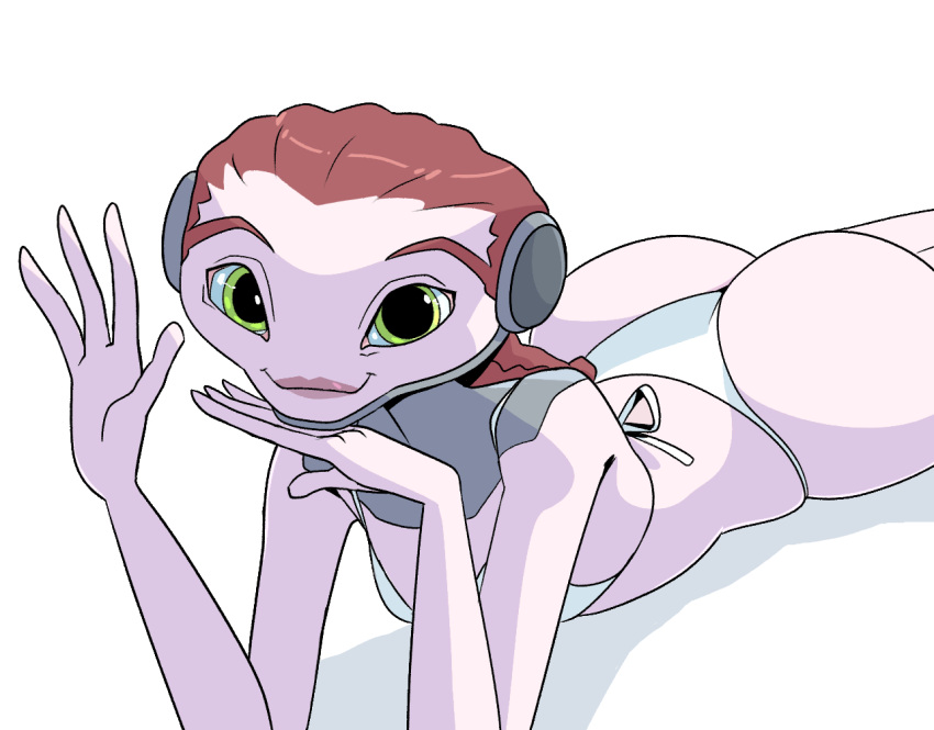 2024 4_fingers alien alien_humanoid ass bikini bikini_bottom bikini_top brown_hair clothing disney female fingers gesture green_eyes hair happy humanoid impstripe ki_(mars_needs_moms) looking_at_viewer lying mars_needs_moms noseless not_furry on_front smile solo swimwear two-piece_swimsuit waving white_bikini white_clothing white_swimwear