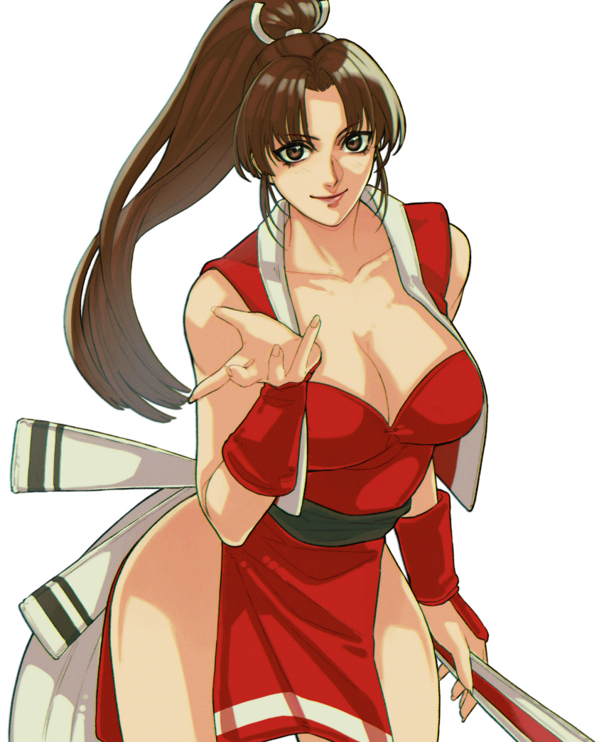 absurdres bare_shoulders breasts brown_eyes brown_hair cleavage closed_mouth collarbone commentary cowboy_shot fatal_fury fatal_fury_3 female hair_ornament hand_fan high_ponytail highres holding holding_fan ktovhinao large_breasts long_hair looking_at_viewer ninja official_alternate_costume open_hand parted_bangs pelvic_curtain red_vest sash shiranui_mai smile snk solo vest white_background wide_hips