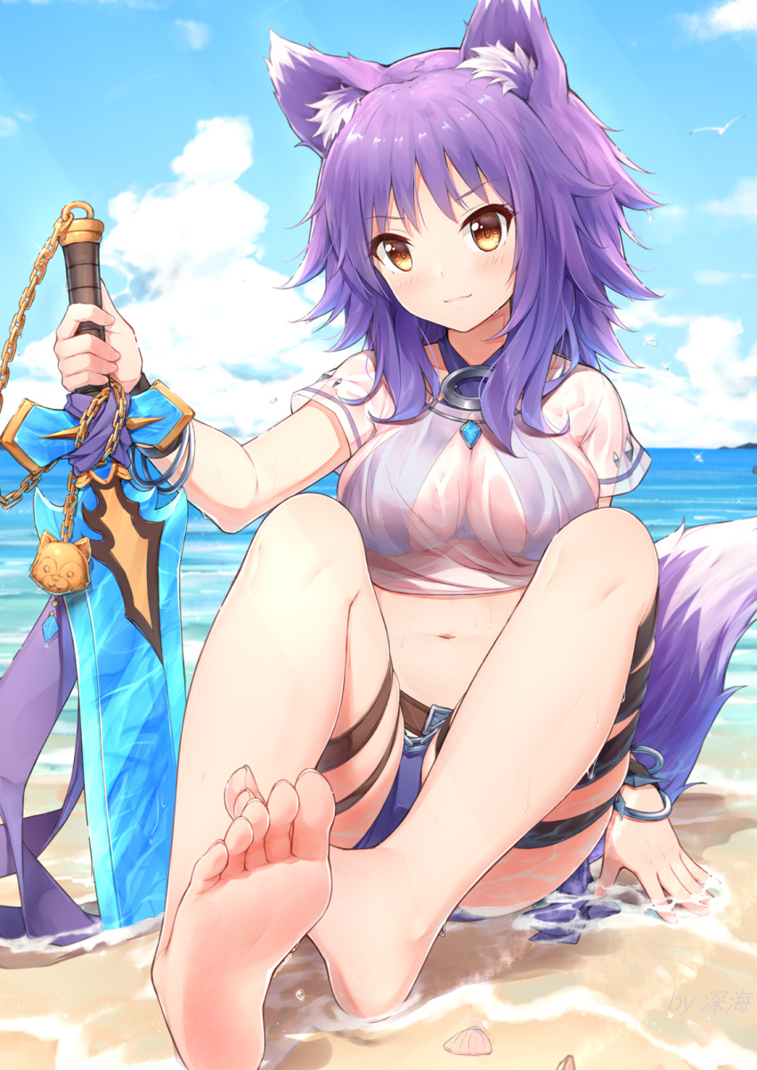 animal_ear_fluff animal_ears barefoot beach belt bikini blue_gemstone breasts brown_belt cloud criss-cross_halter feet female full_body gem halterneck highres holding holding_sword holding_weapon horizon knees_up large_breasts leg_belt makoto_(princess_connect!) makoto_(summer)_(princess_connect!) medium_hair navel ocean princess_connect! purple_bikini purple_hair see-through see-through_shirt shenhai_(2556146833) shirt sitting sky smile soles solo swimsuit sword tail toes weapon white_shirt wolf_ears wolf_girl wolf_tail yellow_eyes