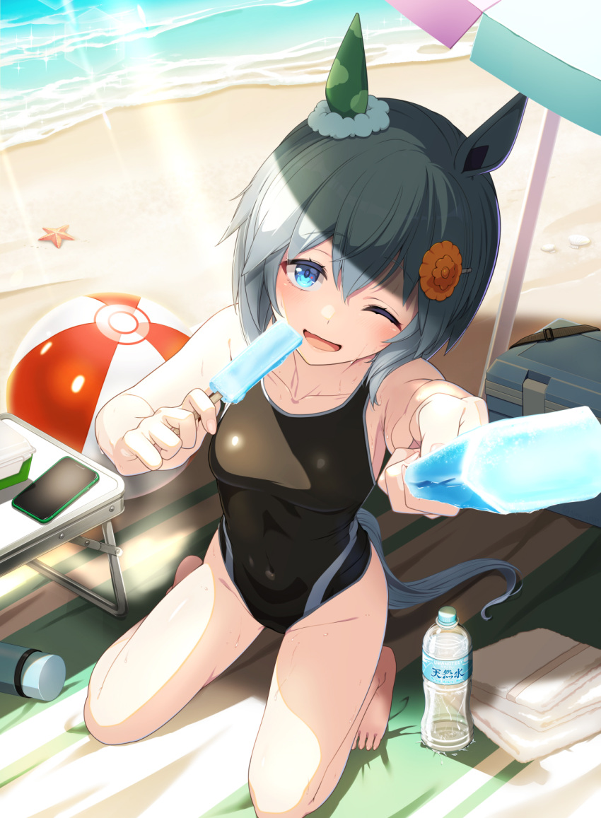 alternate_costume animal_ears ball barefoot beach beach_towel beach_umbrella beachball black_one-piece_swimsuit blue_eyes breasts cellphone commentary_request ear_covers female food grey_hair hair_between_eyes hair_ornament hairclip highres holding holding_food holding_popsicle horse_ears horse_girl horse_tail looking_at_viewer masaki_shino one-piece_swimsuit one_eye_closed outdoors phone popsicle sand seiun_sky_(umamusume) short_hair single_ear_cover small_breasts smartphone smile solo swimsuit tail towel umamusume umbrella